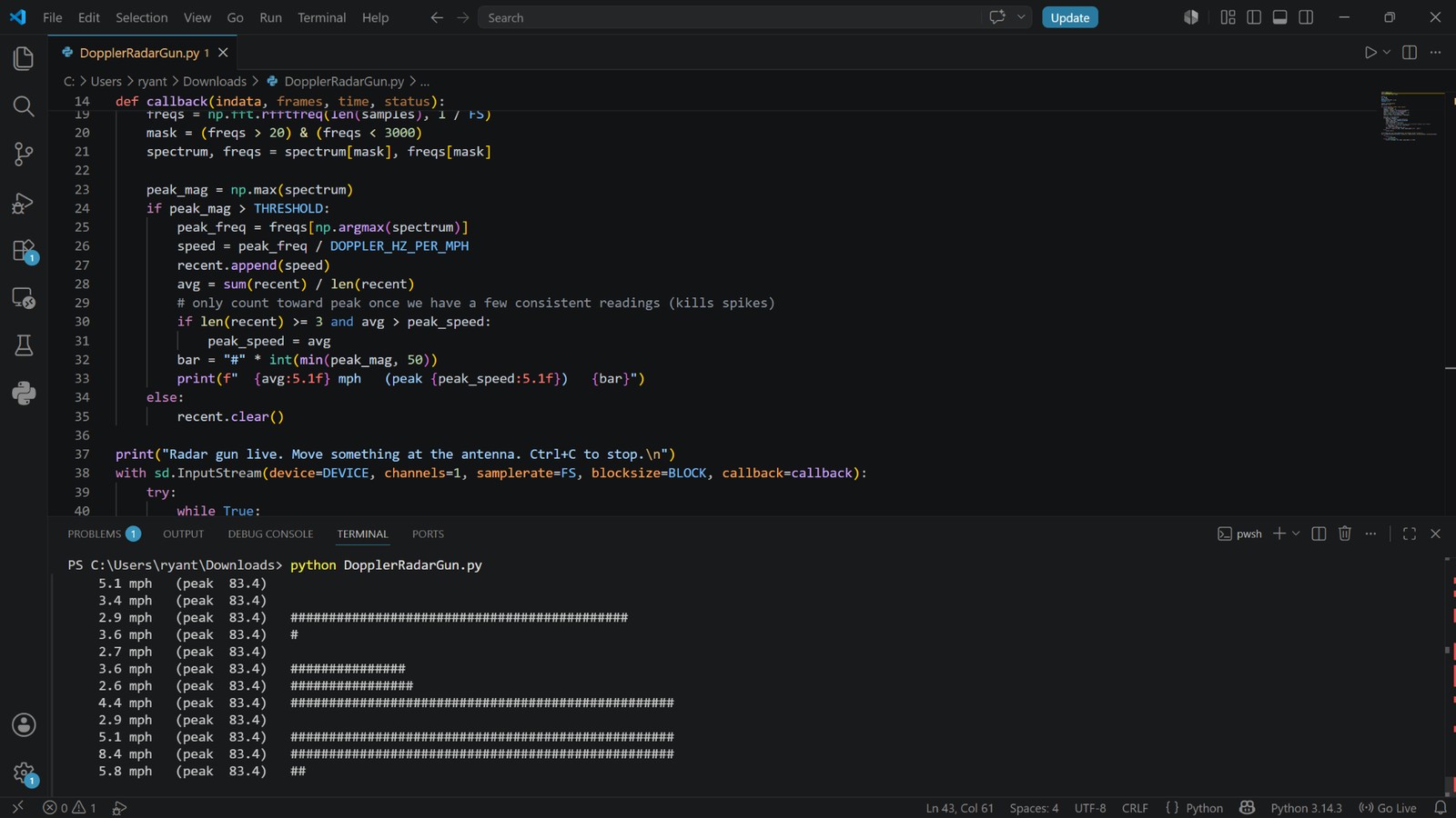 Python DSP prototype with live mph output