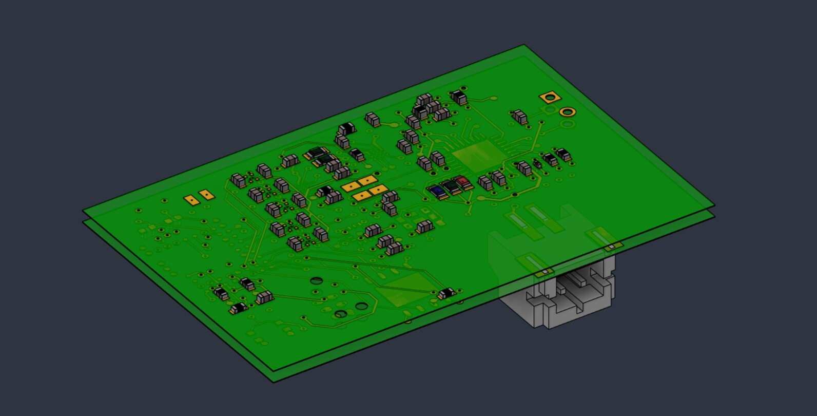 Slingshot V2 PCB bottom side, 3D render
