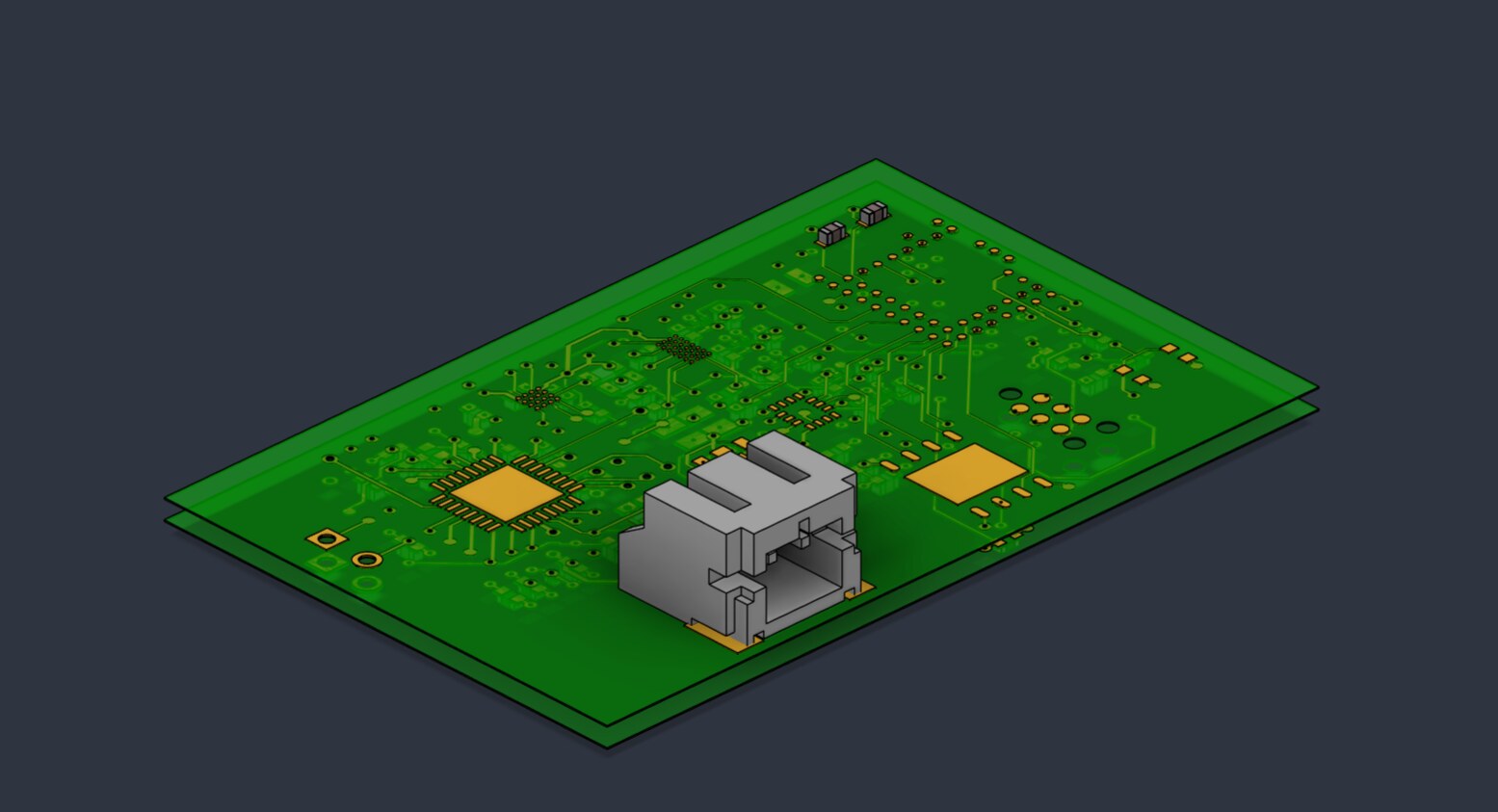 Slingshot V2 PCB top side, 3D render